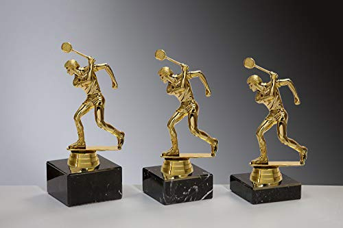 Henecka Herren Squash Pokal, Schraubfigur Squash-Spieler Gold, Marmorsockel schwarz, mit Wunschgravur, wählbar in 3 Größen oder als 3er-Serie