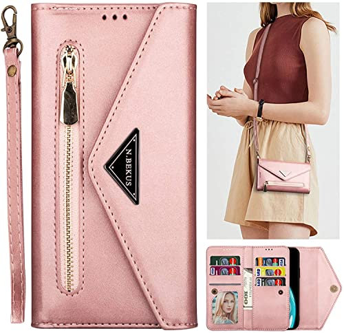 iPhone Xs Max Wallet Case for Women Girl Zipper Wallet Purse Leather Magnetic Flip Folio Case with Card Holder Shoulder Hand Strap iPhone Xs Max Crossbody Small Phone Pouch Shockproof Cover Pink