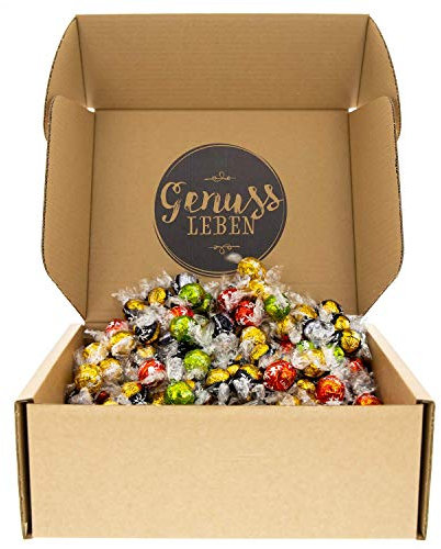 Genussleben Geschenkbox mit 3kg Lindor® Kugeln hochwertig und zartschmelzend saisonal gemischt, die Pralinenbox für Familie, Büro und als Überraschung.