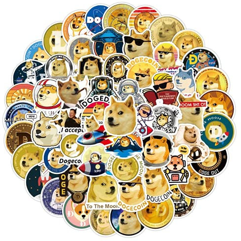 SHINsuke 100 Stück Dogecoin Münzen Aufkleber Meme Stickers für Wasserflaschen, Lustig, Niedlich, Graffiti Style Decals für Auto Motorräder Fahrrad Skateboard Snowboard Gepäck Laptop Aufkleber