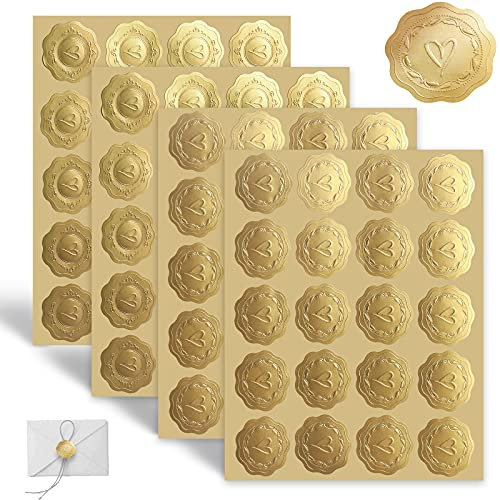 Eokeey 320 Stück Wachssiegel Selbstklebend, Briefumschlag Aufkleber Geprägtes Herz, Umschlagaufkleber Siegelaufkleber für Umschlag Postkarte Einladung Grußkarte Dekoration(Gold)