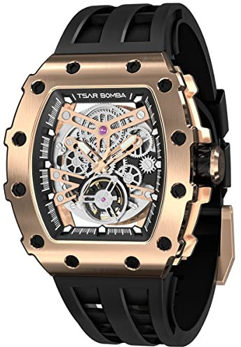 TSAR BOMBA Luxus Herren Automatik Uhr-Keramiklünette-Saphirglas-51M Wasserdicht Herrenuhr-Tonneau Armbanduhr Silikonarmband Leuchtend Elegante Geschenke für Männer