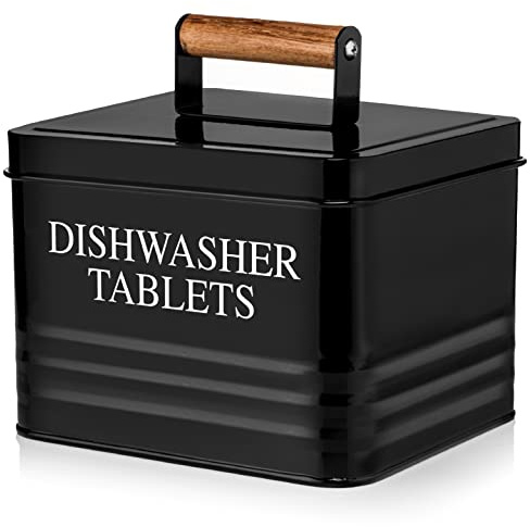 Calindiana Modern Farmhouse Metal Dishwasher Pods Container Holder with Lid for Kitchen Organization and Storage, Kitchen Essentials Decor Accessories, Black