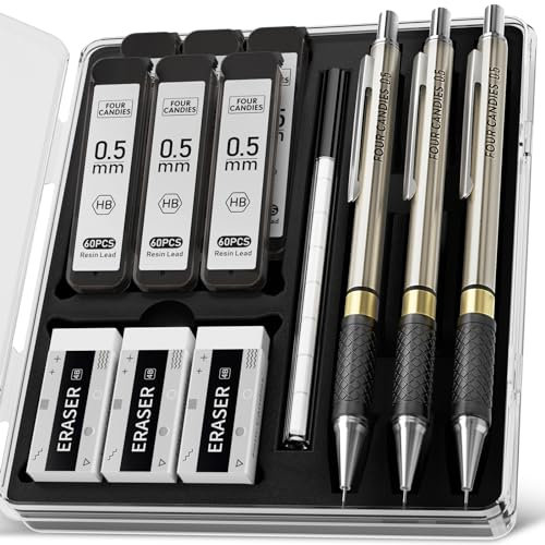 Four Candies Metal Mechanical Pencil Set - 3PCS 0.5mm Art Mechanical Pencils & 360PCS HB Lead Refills & 3PCS Erasers & 9PCS Eraser Refills, Drawing Mechanical Pencils for Writing, Sketching