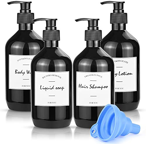 4er Set Seifenspender 500ml Nachfüllbare Leere Shampoo Flaschen mit Etikett & Trichter PET Plastik Seifenspenderflaschen Kunststoff Lotionspender Schwarz Lotion Pumpe Spender für Badezimmer Küche