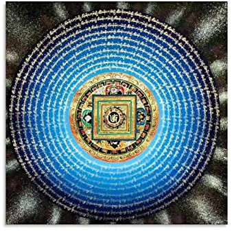 Om Mani Padme Hum Mandala blau und weiß Thangka Poster tibetischer Buddhismus Meditation Moderne Dekoration Art Deco Fashion Pop Art 40 x 40 cm