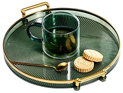 DIYARTS Round Serving Tray with Golden Handles, Acrylic Decorative Tray for Coffee Tea, Reusable Luxury Food Serving Tray for Home Restaurant, Table, Bar Drinks, Breakfast, Fruit (Green)