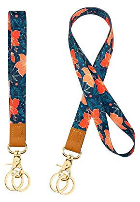 Courroie de Cou de Lanière, Porte-clé Clef Bracelet Lanière Tour de Poignet Cordon Strap, Imprimé Fleuri Personnalisé, Pour Porte Badges d'Identification,Clés,Caméra,Téléphone Portable (Orange)