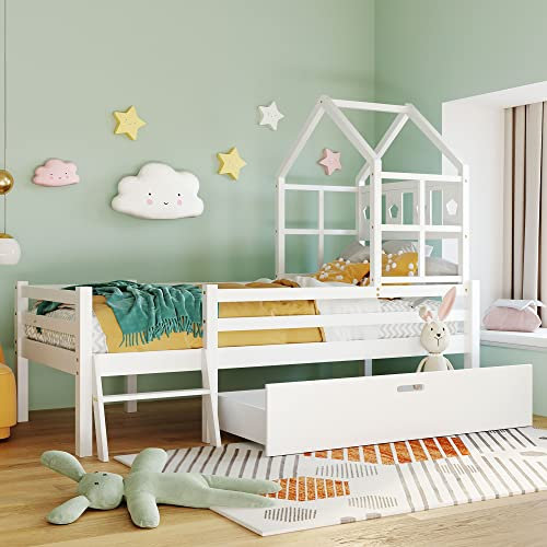 SOFTWEARY Kinderbett mit Lattenrost, Schublade und Leiter, 90x200 cm, Hausbett mit Rausfallschutz, Holzbett aus Kiefer, Einzelbett, Stauraumbett