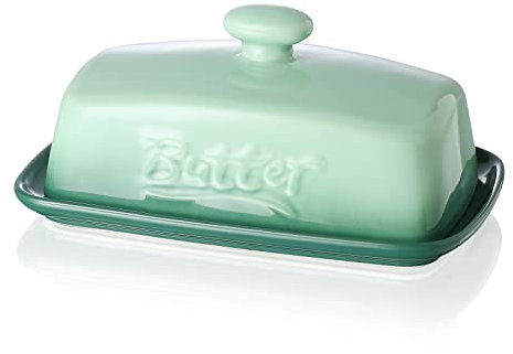 Butterdose Porzellan mit Deckel, Henten Home Große Butterschale für die Arbeitsplatte, Keramik Butterhalter zur Aufbewahrung von Butter, Spülmaschinenfest (Avocado Grün)