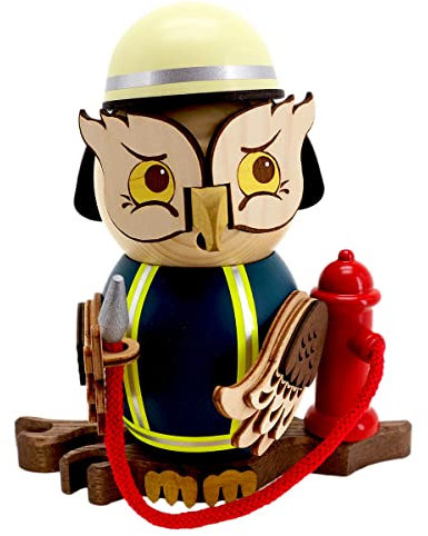 Drechslerei Kuhnert - Rauchfigur/Räucherfigur - Eule Feuerwehr aus Massivholz - ca. 15 cm - Made in Germany