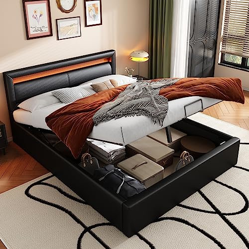 KecDuey Polsterbett 140 x 200 cm,Doppelbett Funktionsbett mit Lattenrost und Stauraum, LED-Beleuchtung, mit Funktion von Aufbewahrung,PUSchwarz
