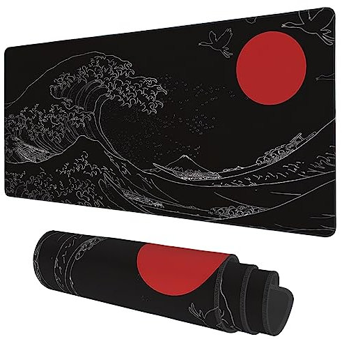 Desk Mat, Black Japanese Style Wave and Red Sun Extended Gaming Mouse Pad Large, 35.4x15.7 Big Mouse Pad with Non-Slip Base and Stitched Edge, Long Computer Keyboard Mouse Mat for Home Office Work