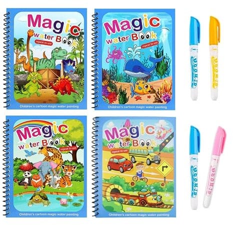 SLshiBo Wassermalbuch 4 Stück Water Wow Malbuch, Magic Water Colouring Book mit Wasserstift, Wiederverwendbares Magisches Malbücher set, Wasser Malbuch Doodle für Kinder