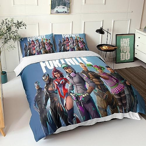 Fortnite Bettwäsche Set 3teilig - 3D Zeichentrickfilm Spiel Mikrofaser Bettbezug Und Kissenbezug Mit Reißverschluss Schließung Bettwäsche-Set Für Teenager Jungen Männer King(220x240cm)