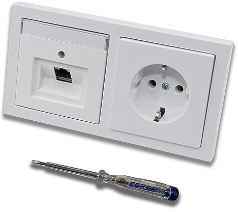 Busch Jäger, Rutenbeck Unterputz Netzwerkdose 10 Gigabit/S KAT6A 6A 1xRJ45 Anschluss + Steckdose 20EUC-84 im BJ Future Linear Studioweiß Design + EBROM Phasenprüfer z. Montage d. Geräte