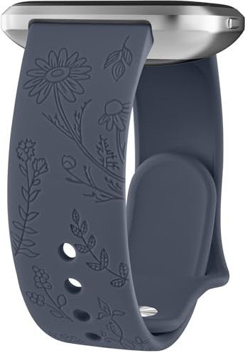 Vancle Armband für Fitbit Versa 2, Damen Herren, Silikon Armbänder Floral Gravierte Uhrenarmband Sport Ersatzarmband, Blau Grau