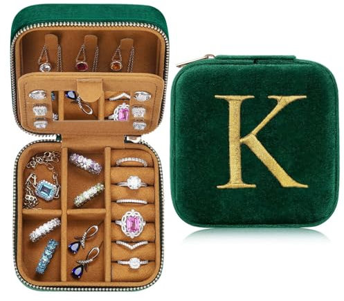 Initiale Schmuckkästchen Kleine Schmuckkästchen mit Namen Initiale K Schmuckkästchen Travel Organizer Box mit Spiegel für Damen Mädchen Geschenk für Geburtstage Weihnachten Muttertag