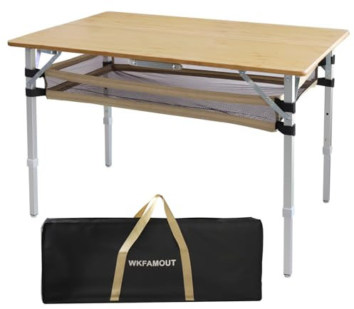 WKFAMOUT Klapptisch Campingtisch Bambus Klappbar Höhenverstellbar 100x72 cm Outdoor Gartentisch Faltbar Aluminium Beine mit Netzbeutel für Camping Picknick Kochen Wandern Reisen