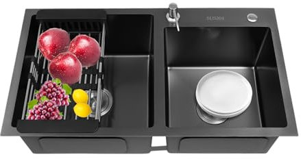 Loobiiny Fregadero de cocina Empotrable Fregadero de acero inoxidable con Grifería de drenaje 78*43cm con cesta plegable y dispensador de jabón fregadero, cocina multifunción fregadero, cocina cascada