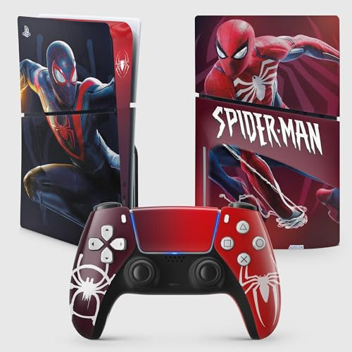 Adesivo per la PS5 Slim Spider, adesivo per la PlayStation 5, console e controller, disco Slim Edition, skin Miles Moralles (1 controller)