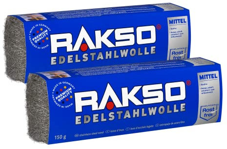 RAKSO Edelstahlwolle mittel - 300 g, 2 Banderolen à 150g rostfrei, entfernt hartnäckige Ablagerungen von Fliesen, Keramik-Böden im Nassbereich
