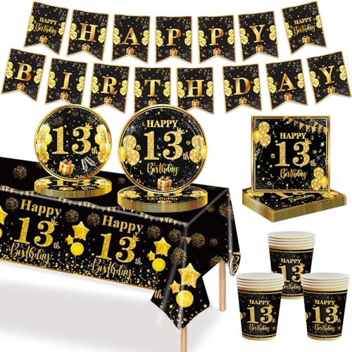 MORAINJAY 13. Schwarzes Gold Partygeschirr Geburtstag 70 Teiliges Set. Pappteller, Pappbecher, Servietten, Papierbanner, 13 Jahre Teenager Party Jungen und Mädchen Geburtstag Tischdeko