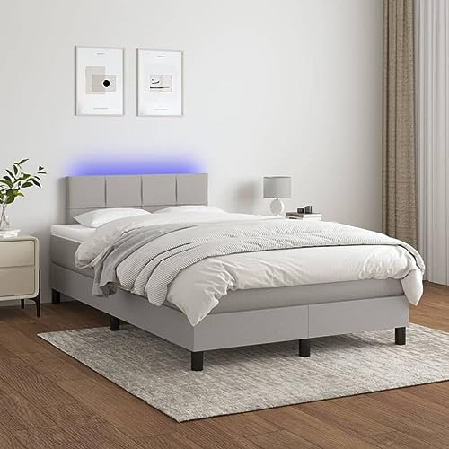 Willood Boxspringbett mit Matratze Bett Kopfteil LED, Einzelbett Bettgestell mit Lattenrost, Polsterbett Bettrahmen Hellgrau 120x200 cm Stoff Block mit Quadraten