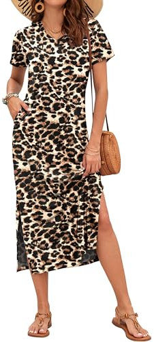 AUSELILY Summer Dress for Women Short Sleeve Maxi Beach Dress V Neck Sundress Slit Dress with Pockets Elegant Dresses Leopard XL