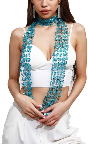 SMTCM Damen Pailletten Schal Kette Glitzer Halstuch Lang Schmale Hals Krawatte Netzschal Punk Paillettennetz Breite Halskette Mesh Stirnband Sparkle Kopftuch Schlips für Fasching Karneval Party 160CM