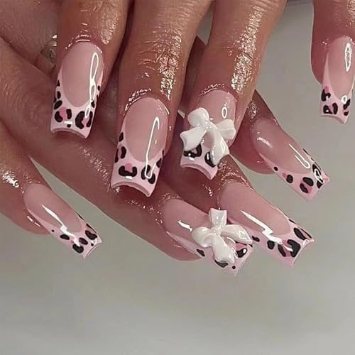 French Tip - False Nails Square - 24Pcs Stick on Nails French Pink Leopard Bow Designs Press on Nails with Glue - Acrylic Full Cover Artificial Fake Nail for Women and Girls