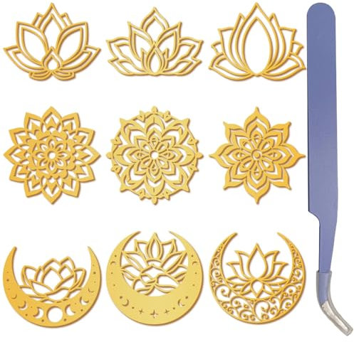 craspire 9 Stück Lotus Mandala Aufkleber Aus Goldenem Metall 1,5 x 1,5 Zoll Mit Pinzette Mondphasenblume Boho Stil Wasserfest Selbstklebend Nickel Dekorationsaufkleber Für Sammelalben DIY