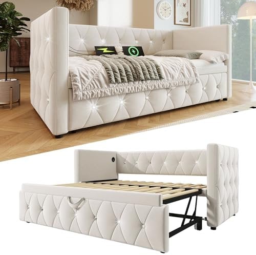 Jovify Daybed with Pull Out Trundle Bed and USB &Type C Charging Sations, 3FT Single Upholstered Beds 90x190 cm, Guest Beds Sofa Bed Youth Bed For Adults & Teenagers, Velvet, Beige