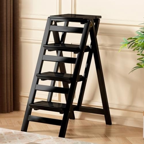 Library Stool, Kitchen Chair Stool with Fold Out Steps Retro, 4-Step Wooden Folding Ladder, Portable Step Stool for Adults, Vintage Step Stool for Home, Garden