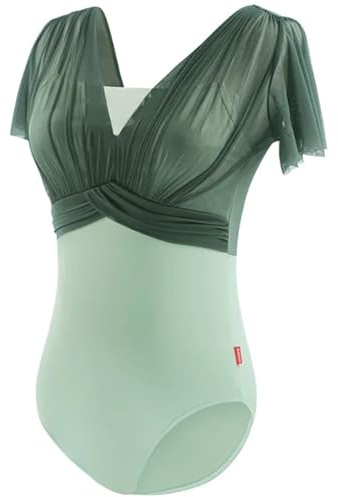 Gymnastikanzüge Für Mädchen Frau Ballett Trikots Gymnastik Trikots Gefälschte Zwei-Stücke V Zurück Kurze Ärmel Tanz Trikot Badeanzug Erwachsene Ballett Body Geeignet für Tanz, Gymnastik(Green,M height