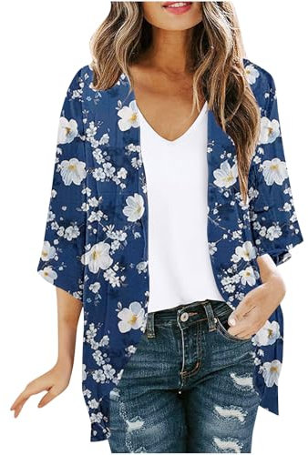 Chiffon Kimono for Women UK Ladies Beach Cover Ups UK Ladies Summer Cardigans Super Thin Hawaiian Tops Bohemia Boho Clothes Ladies Jackets Casual Elegant 3/4 Sleeve Cover Up