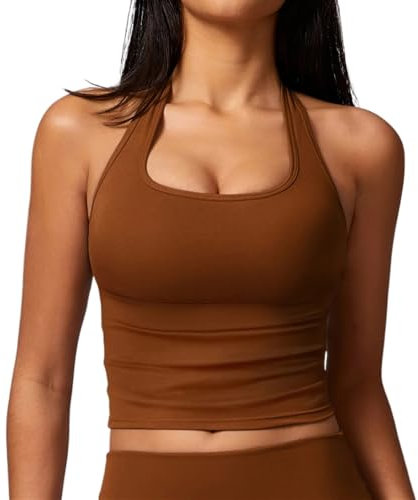 Yoga Gym Shirt Fitness Yoga-Tanktop for Damen, offener Rücken, hohe Schlagfestigkeit, Lauf-Fitness-Weste mit integriertem BH, Fitnessstudio, Push-up-Halter, gepolsterte Sportbluse(Maple Leaf Brown,M)