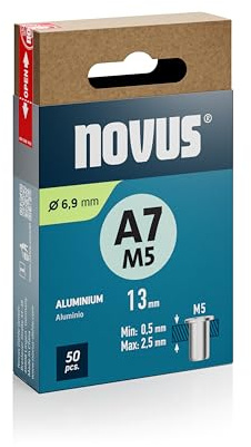 NOVUS TOOLS Aluminium-Blindnietmuttern Ø 6,9 mm, 13 mm Länge, 50 Stück | M5 Gewinde, 0,5-2,5 mm Klemmlänge, Nietmuttern zur Befestigung in Nichteisen-Metall, Kunststoff und Leichtbaumaterial