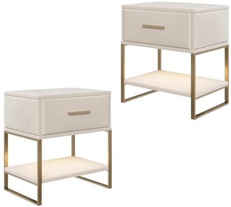 WOBOPCG Nachttisch 2er Set,Nachtschrank mit 1 Schubladen,Nachtkommode mit Metallfüßen,Modern Nachtkästchen,Sofatisch Beistelltisch,Sofatisch mit Beine für Schlafzimmer, Wohnzimmer (Beige+Samt)