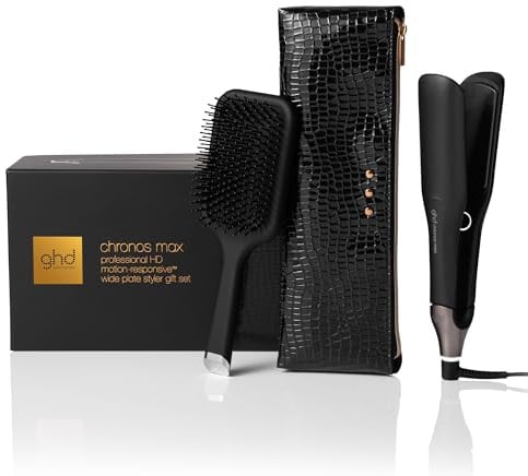 ghd - Coffret lisseur cheveux ghd Chronos Max - Fer à lisser professionnel (Noir) - Brosse et pochette incluses - Coiffage 3x plus rapide, sans dommage - Plaques larges, cheveux longs, épais, bouclés