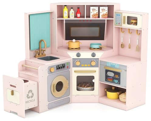 COSTWAY Cuisine Enfant d'angle avec Poubelle Coulissante, Lave-Linge & Lave-Vaisselle & Four, Cuisine en Bois Enfant avec Rideau, Évier, Cuisinières, Lumières et Sons, Accessoires pour 3+ Ans (Rose)