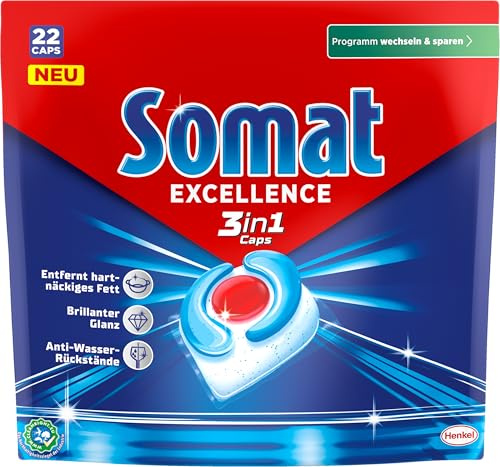 Somat Excellence 3in1 (22 Caps), schnellauflösende Spülmaschinentabs | Bekämpft hartnäckiges Fett und sorgt für brillanten Glanz auch im Eco- und Kurzprogramm, 3in1 Caps aus Pulver Gelkammern