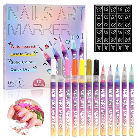 12 Colours Nail Art Pens Set with Stencil Template, Water-Based Nail Art Markers for Real Nails, Quick Dry Nail Polish Pens for DIY Nail Design