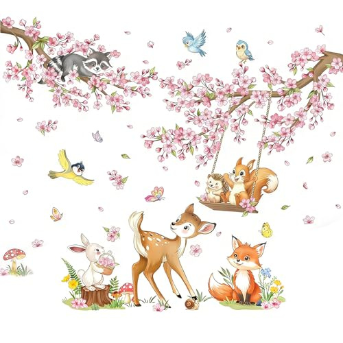 Vordpe Tatouage Mural Fleur De Cerisier, Autocollant Mural Fleurs Roses, Autocollant Animaux De La ForêT Renard Cerf, DéCoration Oiseaux Pour Salon Chambre