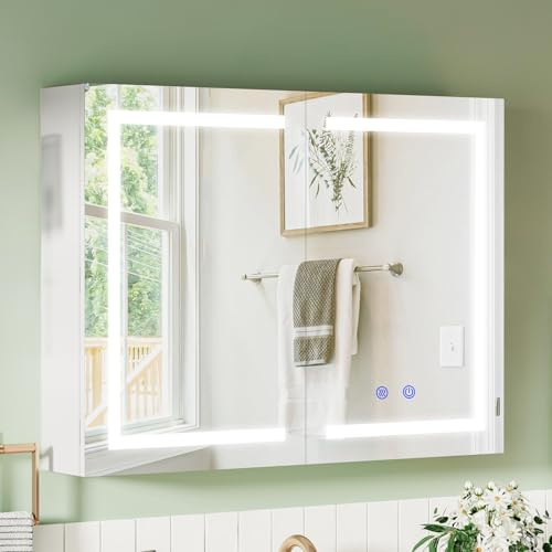 BELIWIN Bathroom Wall-Mounted Mirror Cabinet with Led Lights and Shaver Socket,Upgraded Illuminated LED Bathroom Cabinets with Mirror,Demister Pad, Dimmable, 3 Colour Light, 800mm×600mm