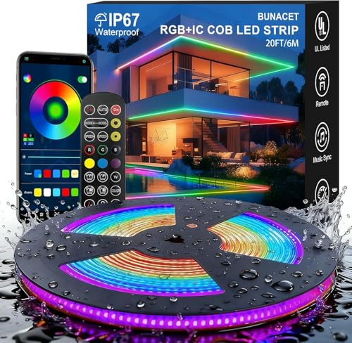 BUNACET 6M Smart RGB+IC LED Streifen IP67 Wasserdicht,24V für Außenbereich | App-Steuerung und Fernbedienung mit Timer,Dreamcolor Effekte und Musikmodus für Garten,Pool,Terrasse und Balkon