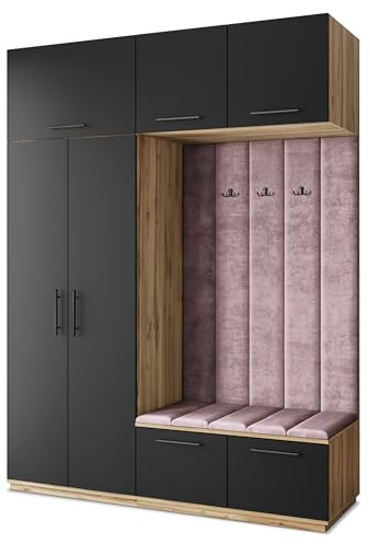 Masseno Flugarderoben Set Rema, Kleiderschrank-Set mit Sitzbank, Garderobenschrank Flur mit 5 Regalböden, Eiche Wotan/Schwarz