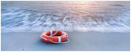 Wallario Memoboard aus Glas mit Motiv, Magnet-Tafel in 32 x 80 cm in Premium Qualität Rettungsring am Strand bei Sonnenuntergang