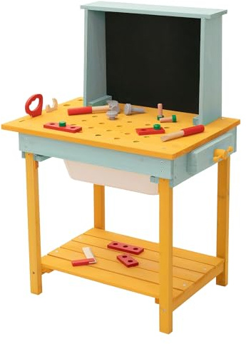 Joyz Werkbank Kinder Holz, Kinderwerkbank mit Tafel & Zubehör, Werkzeugbank Kinder aus massivem Tannenholz, Outdoor Matschküche wetterfest, Kinder Werkbank für Jungen und Mädchen ab 3 Jahren