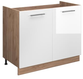 Vicco Spülenunterschrank Fame-Line, Weiß Hochglanz/Eiche, 100 cm